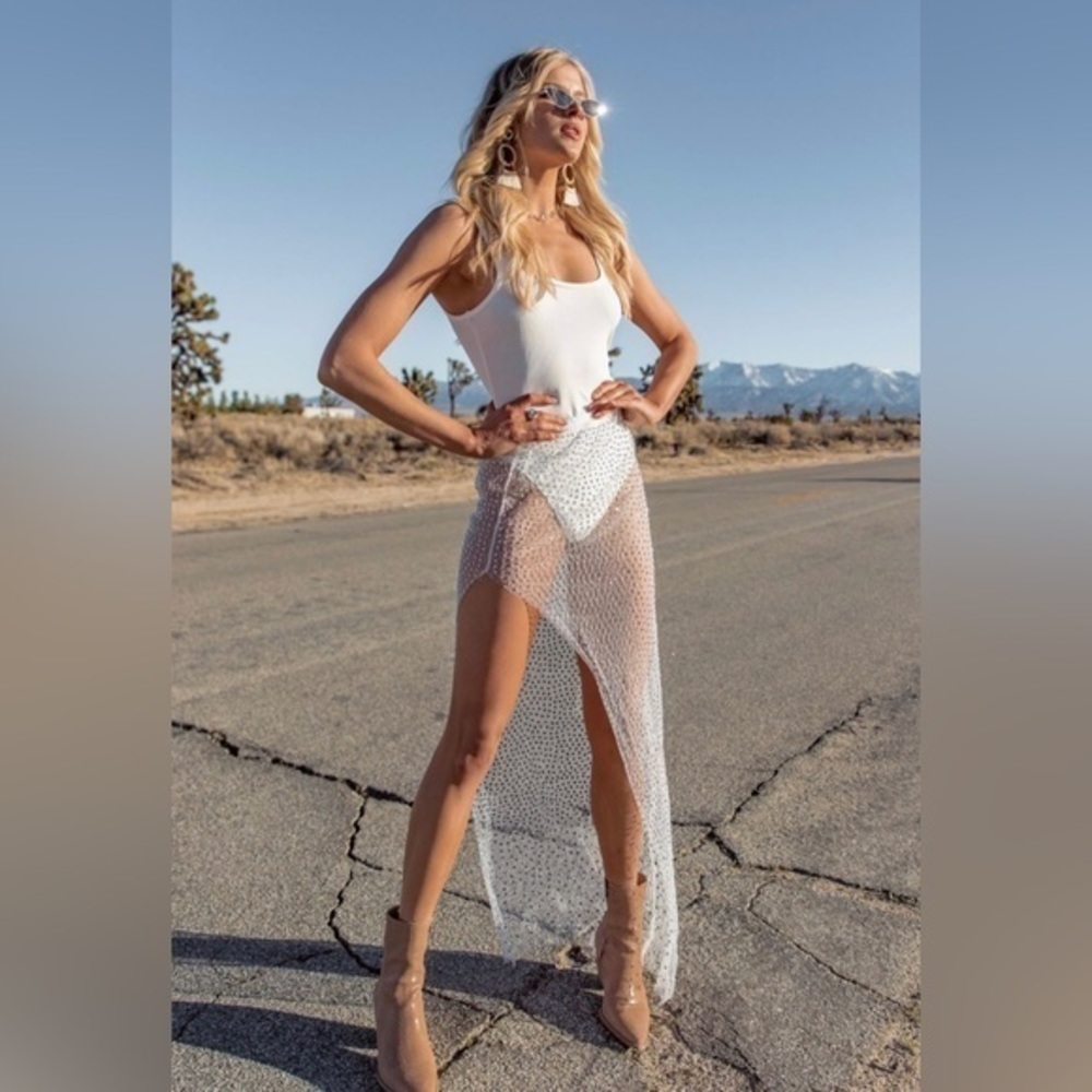 Rhinestone Detail Sheer Maxi Skirt High Slit Festival Coachella Desert - Picture 11 of 12